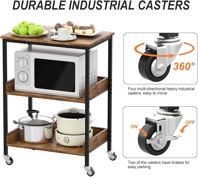 Kitchen Microwave Cart, 3 Tier Rolling Utility Cart on Wheels Coffee Cart, Storage Islands for Living and Kitchen Room