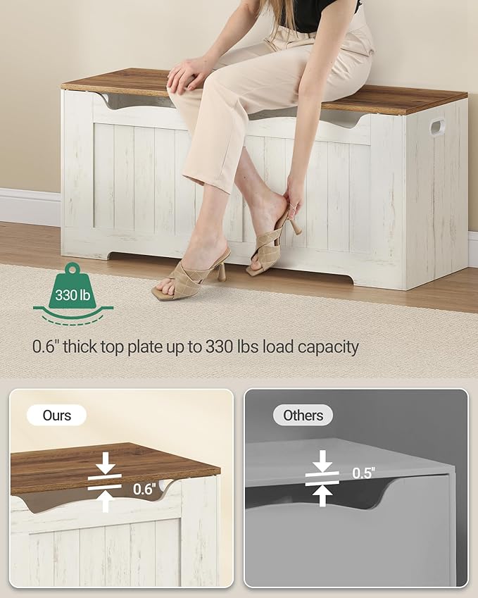 43.3" Storage Chest, Extra Large Storage Bench Trunk with 2 Safety Hinges, Wooden Box, Lift-Top Chest Organizer, Shoe Bench for Entryway, Bedroom, Living Room, White and Brown SB25514X