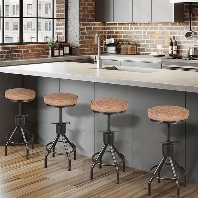 Set of 2-Vintage Bar Stool Swivel PU Leather Seat Kitchen Island Workbench Chair Height Adjustable 23-31 inch