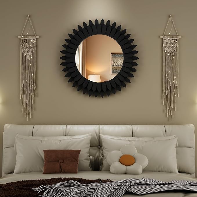 24 Inch Black Boho Wall Decor Sunburst Mirror - Round Wooden Wall Decor, Handmade Rustic Circular Mirror for Living Room, Bedroom, Entryway, Office