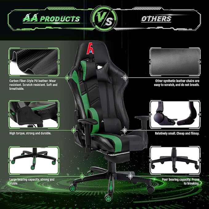 AA Products Gaming Chair High Back Ergonomic Computer Racing Adjustable Gamer Chair with Footrest, Lumbar Support Swivel Chair – Blackgreen