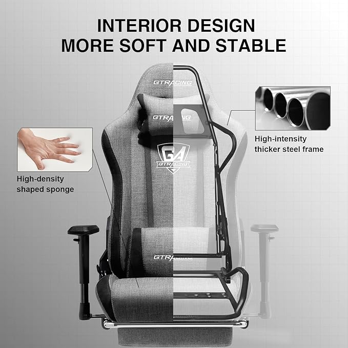 GTRACING Gaming Chair with Footrest, Fabric Breathable Big and Tall Ergonomic Computer Chair 350 lbs with Adjustable Lumbar Support and Recliner,High Back Game Chair for Office Gaming, Grey