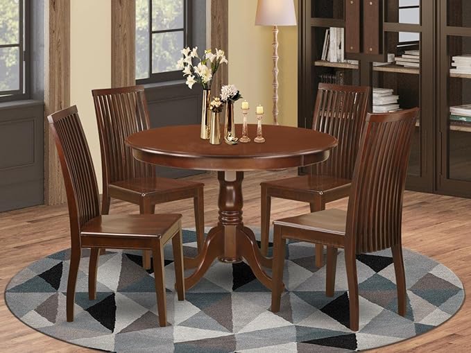 East West Furniture HLIP5-MAH-W 5 Piece Dining Room Table Set Includes a Round Dining Table with Pedestal and 4 Wood Seat Chairs, 42x42 Inch, Mahogany