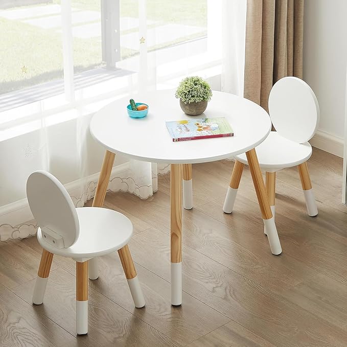 VECELO Round Table and Chair Set Playroom Furniture Wooden, Modern Minimalist Design, Compact Size, Easy Assembly, White