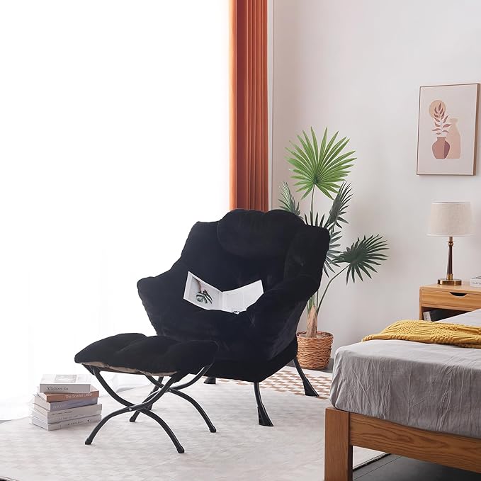 LITA Lazy Chair with Ottoman, Modern Accent Leisure Upholstered Sofa Chair, Lounge Reading Chair with Armrests and a Side Pocket for Living Room, Bedroom & Small Space, Plush Black