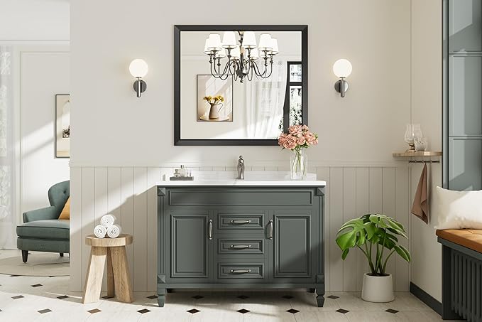 40x36 Inch Black Bathroom Mirror for Wall, Thick Metal Framed Rectangle Mirrors for Over Sink, Bedroom, Living Room, Entryway, Anti-Rust, HD Tempered Glass