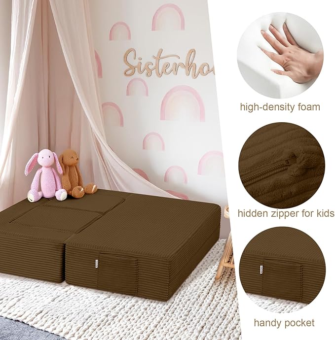 MeMoreCool Modular Kids Couch, Corduroy Play Toddler Couch for Bedroom Playroom Furniture, Convertible Foam Kids Sofa Bed, Fold Out Baby Sofa for Girl Boy, Brown