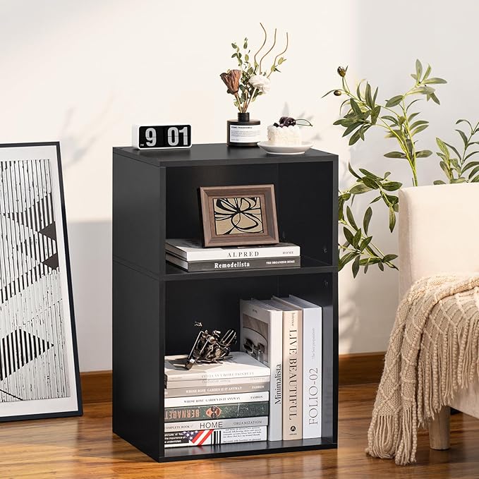 YAHARBO 2 Cube Bookshelf, Black Record Player Stand with Vinyl Storage Up to 100 Albums, Horizontal Book Shelf, Small Cubby Bookcase with Storage Organizer, Turntable Stand for Living Room, Bedroom