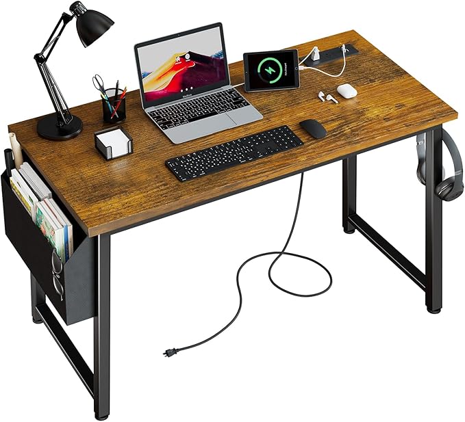 Lufeiya 40 inch Computer Desk with Power Outlet, 39 inch Teen Study Table Home Office Work Writing Desk with Charging Station Outlets Built in, Rustic Brown