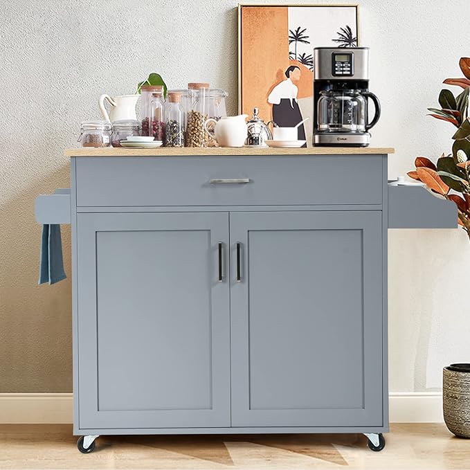 COSTWAY Kitchen Island On Wheels, Rolling Storage Trolley Cart with Large Cabinet, Drawer, Spice Rack and Towel Rack, Kitchen Serving Utility, 3-Position Adjustable Shelf (Grey)