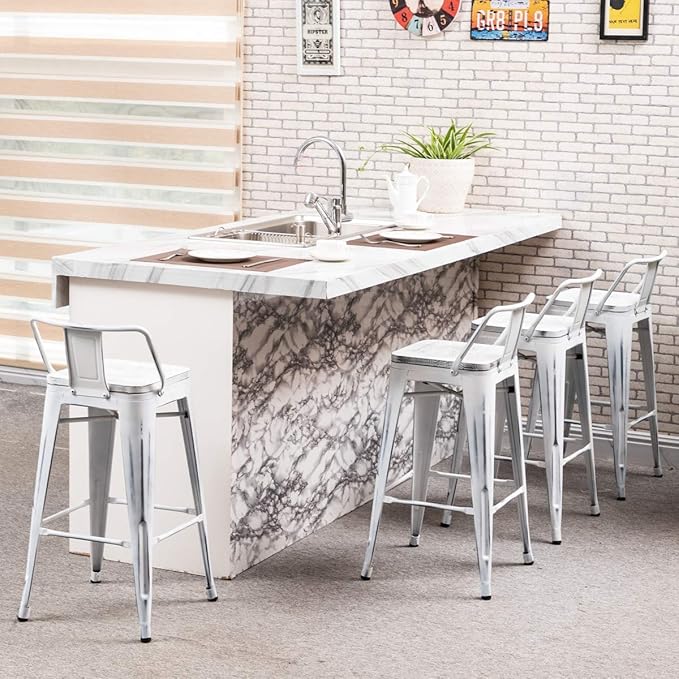Yongchuang 26" Industrial Metal Barstools Set of 4 Counter Height Bar Stools with Back (Wood Top Low Back, Distressed White)
