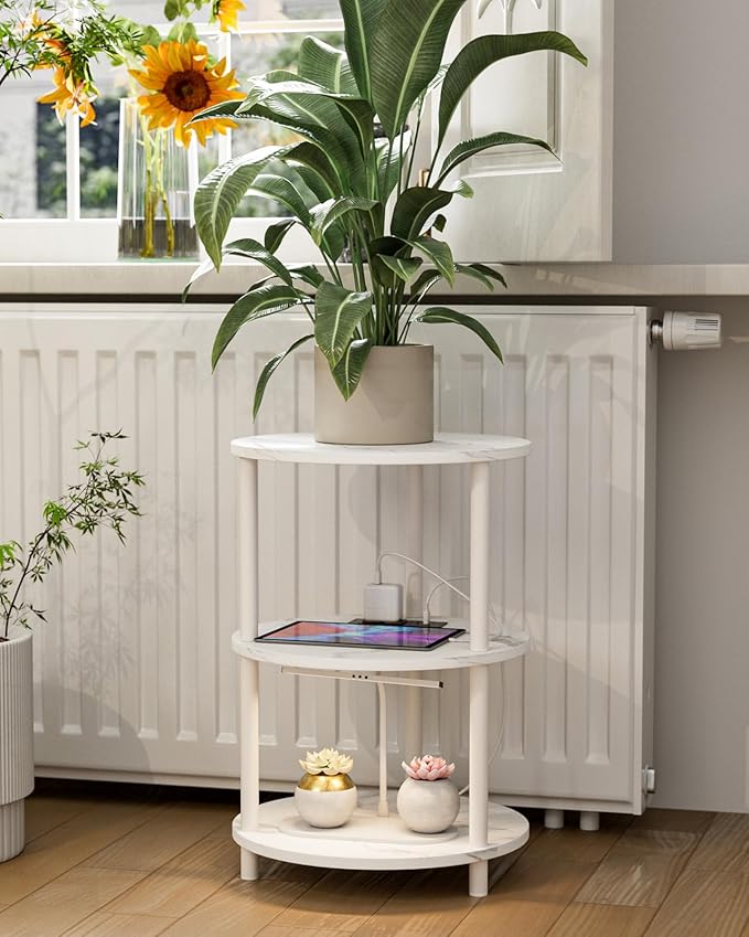Small Round End Table - 3 Tier Design Accent Table, Narrow Side or Bedside Stand, Industrial Vintage Table for Small Spaces, Built-in USB Ports and Power Outlet, Marble White