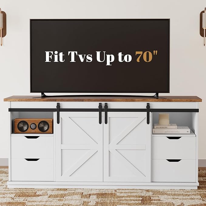 YESHOMY TV Stand for Televisions up to 65 Inchs, with Sliding Barn Doors and 4 Storage Drawers, Console Table and Media Furniture for Living Room, 58 Inch, Milk White