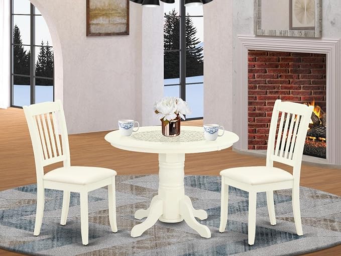 East West Furniture SHDA3-WHI-C 3 Piece Dining Room Table Set Contains a Round Kitchen Table with Pedestal and 2 Linen Fabric Upholstered Dining Chairs, 42x42 Inch, Linen White