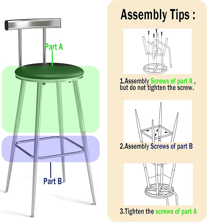 Bar Stools, Set of 2 High Kitchen Barstools, Bar Chairs with Backrest and Footrest, Industrial Counter Stools with PU Soft seat, for Kitchen, Living Room, Pub, Silvery BS-011SI