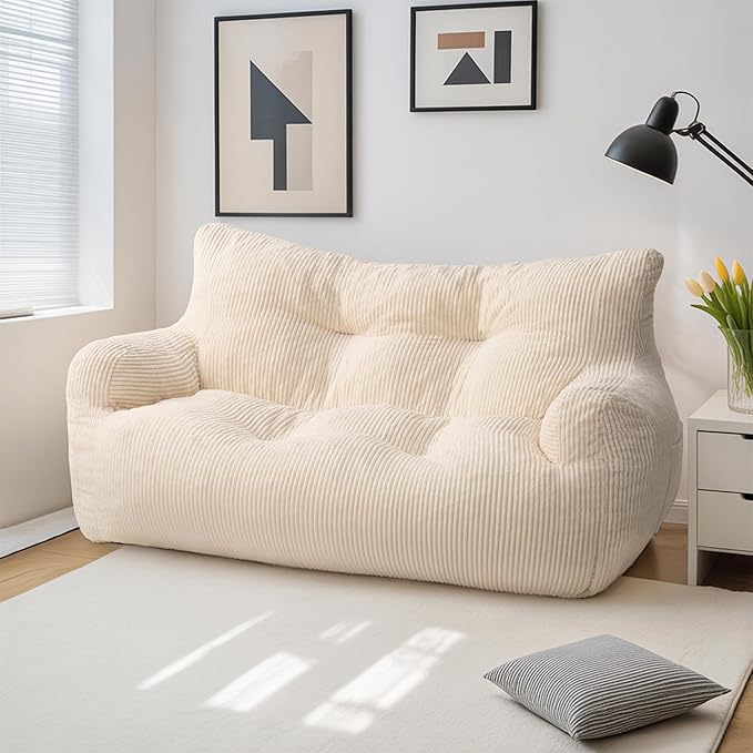 Pamapic Bean Bag Chair,2 Seat Loveseat Sofa,Ultra Soft Dutch Velvet,Fluffy Comfort Washable Cover,Corduroy Lazy Sofa Bed for Adults,Fit Living Room, Bedroom,Outdoor Spaces,White
