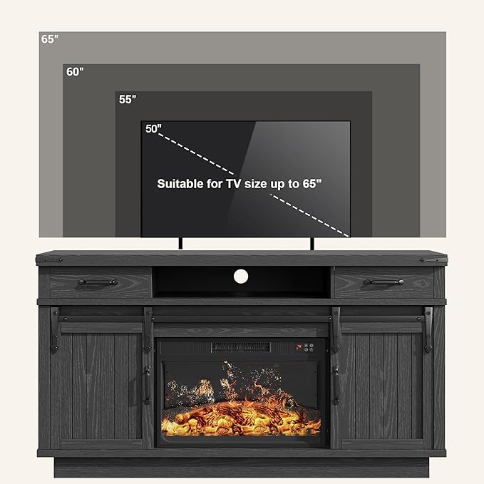 59'' Fireplace TV Stand with 3D Flame Electric Fireplace Heater, 34'' Tall Farmhouse TV Stand for 65 Inch TV, Entertainment Center TV Console with 2 Drawers, Sliding Barn Door for Living Room - Black