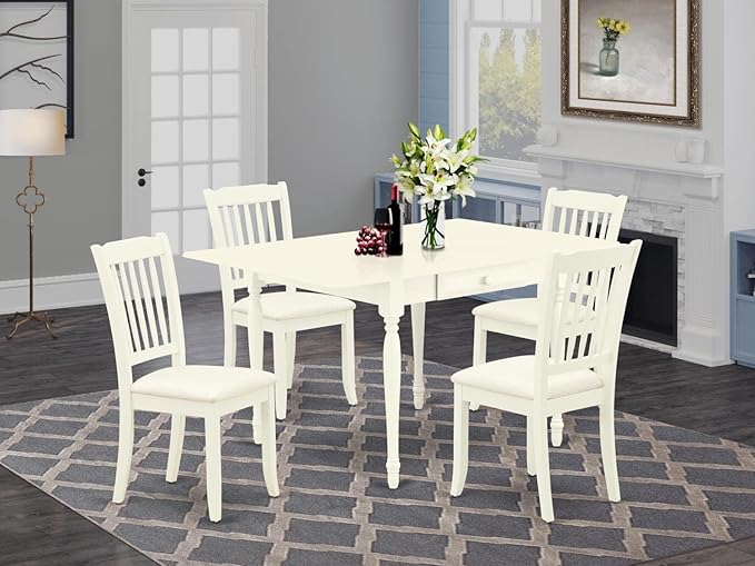 East West Furniture MZDA5-LWH-C 5 Piece Dining Room Table Set Includes a Rectangle Kitchen Table with Dropleaf and 4 Linen Fabric Upholstered Dining Chairs, 36x54 Inch, Linen White