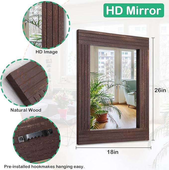 Wood Wall Mirror Rectangular Framed Rustic Vintage Mirrors Decor Farmhouse Bedroom Bathroom Mirror for Dressing Table Entrance Large 26"x18" Brown