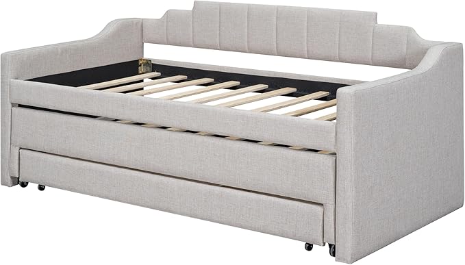 Twin Size Upholstered Daybed with Trundle and Three Lower Drawers,Linen Sofa Bed for Apartment Living Room Guest Room,Solid Wood Trundle Day Bed Frame, No Box Spring Needed,Beige