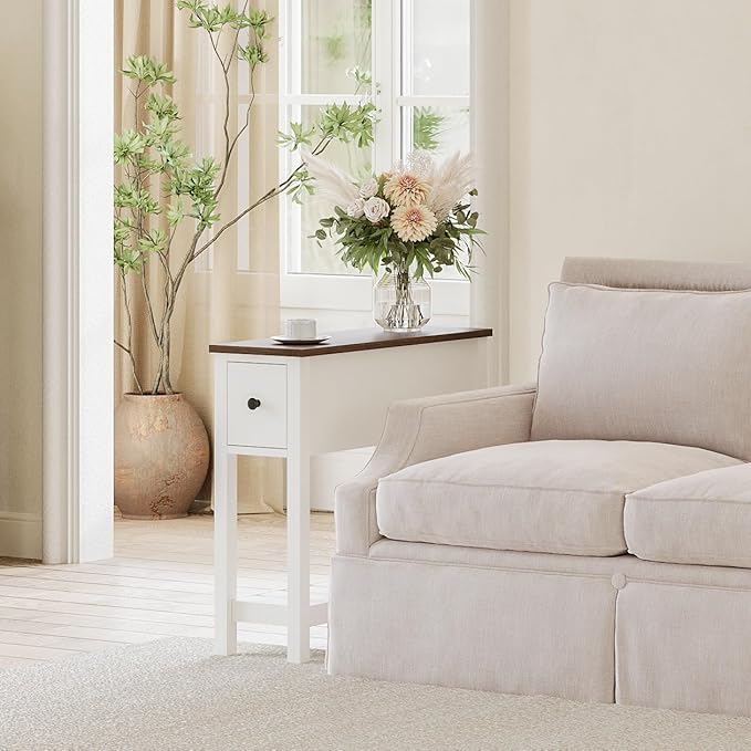 ChooChoo Narrow End Table, Small Side Table for Small Spaces, Slim End Table with Drawer, Narrow Nightstand Bedside Table for Living Room Bedroom, White, 2 Pack