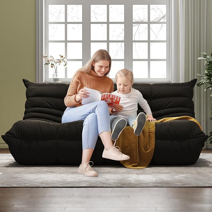 Bean Bag Chairs for Adults, BeanBag Reading Chair Memory Foam Couch 3-Seater, Floor Chair Soft Teddy Material, Comfy Reading Nook Chairs for Bedroom Living Room Office (Black)