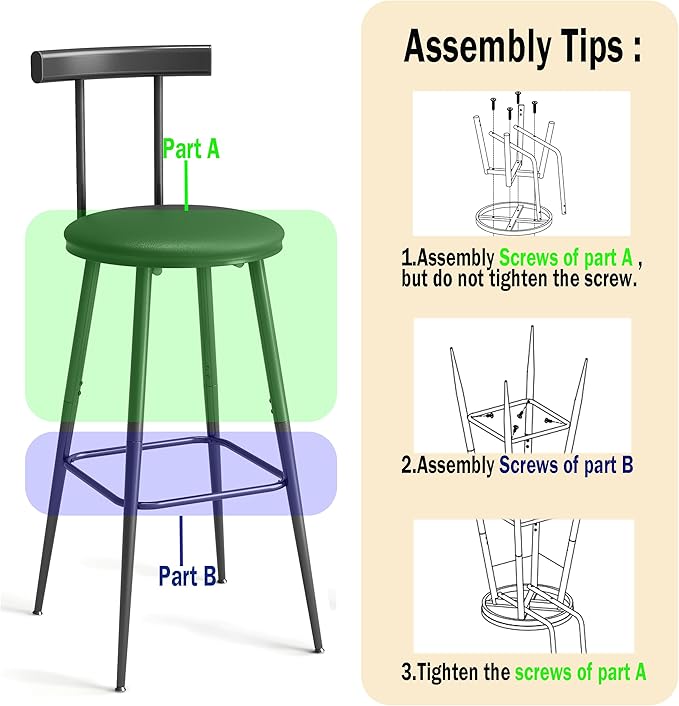 Bar Stools, Set of 2 High Kitchen Barstools, Bar Chairs with Backrest and Footrest, Industrial Counter Stools with PU Soft seat, for Kitchen, Living Room, Pub, Black BS-013BK