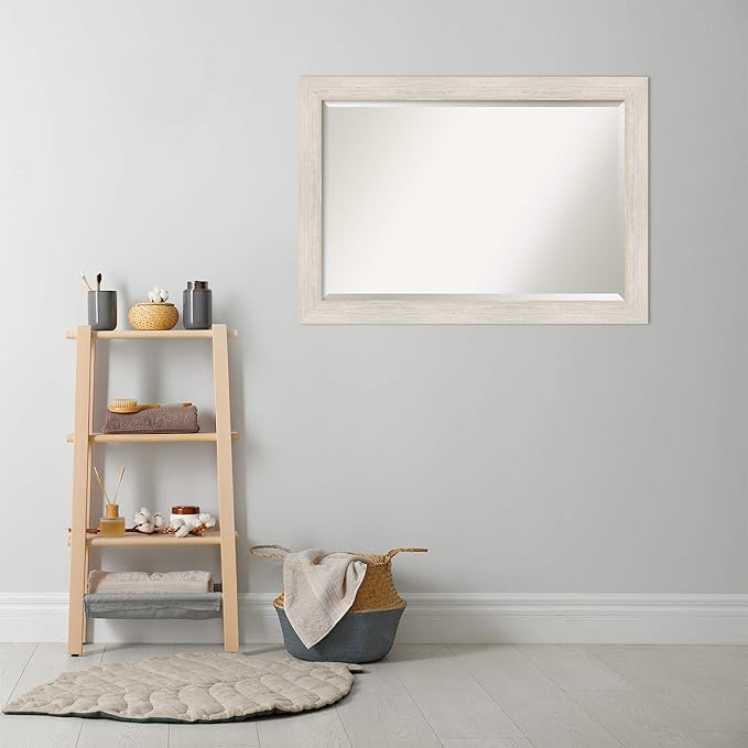 Amanti Art White Bathroom Mirror for Over Sink, 29x41 Hardwood White Wash Rectangle Vanity Mirror, Large Rustic Farmhouse Wood Frame, Hangs Horizonally and Vertically, Bathroom Wall Decor, Beveled