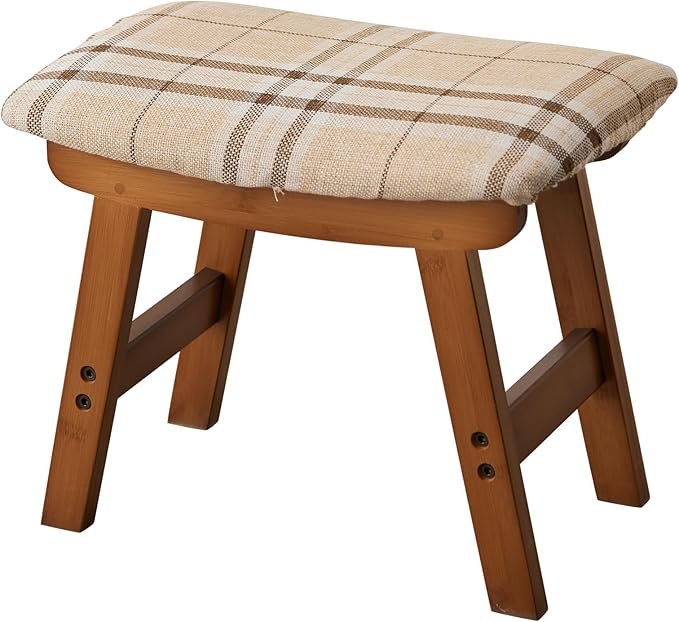 Foot Stool,Ottoman,Bamboo Small Sofa Foot Rest Under Desk,Extra Seating for Living Room, Bedroom and Kitchen (Brown Stool Legs - Stripes Surface)