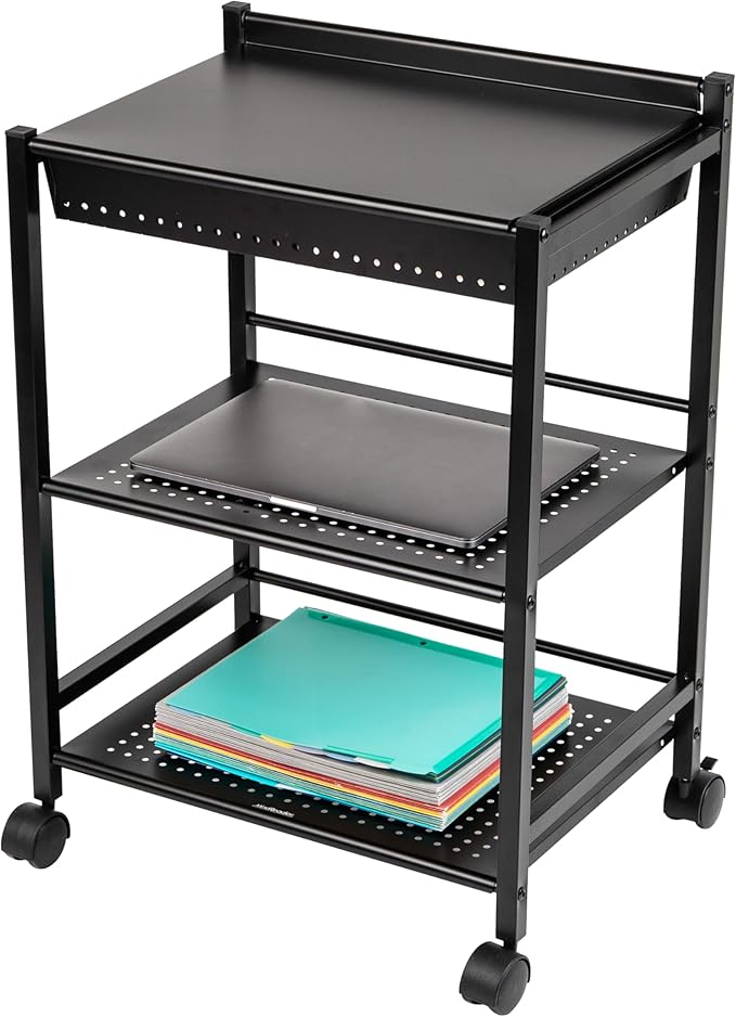 Mind Reader Cart with Covered Compartment, Office Organizer, Storage, 3-Tier, Office, Metal, 20" L x 14.25" W x 28.75" H, Black