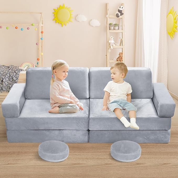 10Pcs Kids Play Couch,Toddler Sofa,Modular Kids Couch for Playing, Creativing, Sleeping (Grey)