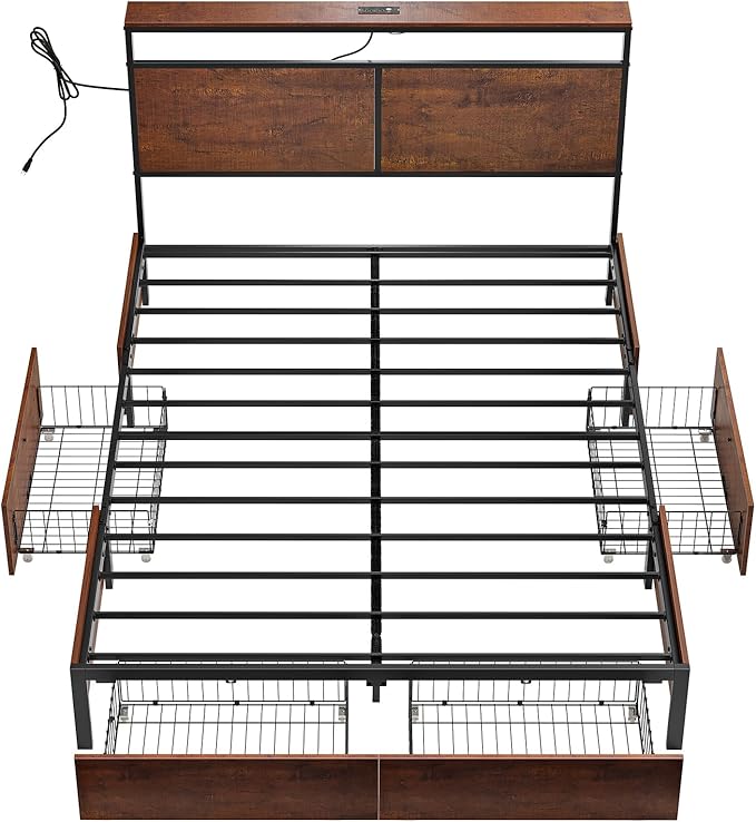 Queen Bed Frame with Storage Headboard and 4 Drawers Bed Frame Queen Size with Charging Station LED Lights Metal Platform Non-Slip Without Noise No Box Spring Needed