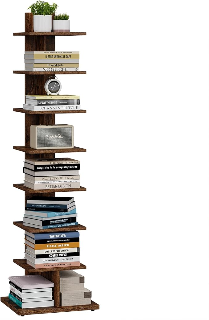 TUTOTAK Narrow Bookshelf, 8-Tier Bookcase, Spine Book Shelf for Small Space, Corner Standing Shelf for Living Room, Office, Study, Entryway, Rustic Brown BS06BB008
