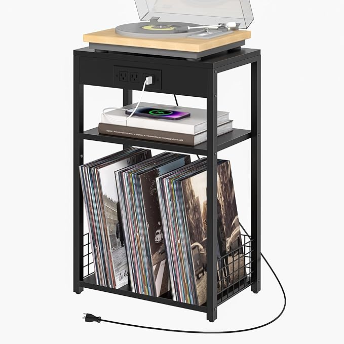 LELELINKY 3 Tier End Table with Charging Station, Black Record Player Stand with Storage Up to 100 Albums Brown, Night Stand with USB Port, Nightstand for Small Spaces