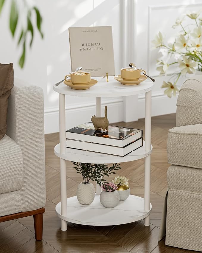 Small Round Side Table - 3-Tier Oval Accent Table for Small Spaces, Rustic Wood and Metal Couch End Table, Nightstand for Bedroom or End Table Living Room, Set of 2, Marble White