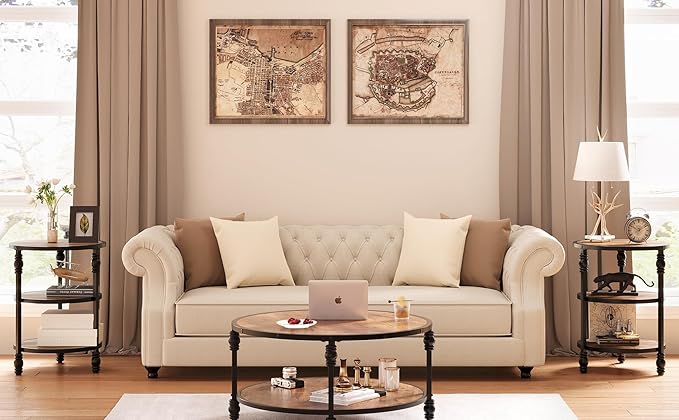 GarveeHome Round End Table with Storage Shelves, 3-Tier Round Farmhouse Side Table w/Mental Support Legs, Rustic End Table Accent Nighstands for Living Room Bedroom (B, Rustic Brown)