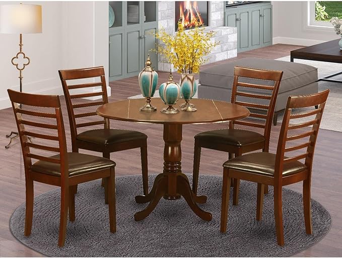 East West Furniture DLML5-MAH-LC 5 Piece Modern Dining Table Set Includes a Round Wooden Table with Dropleaf and 4 Faux Leather Upholstered Dining Chairs, 42x42 Inch, Mahogany