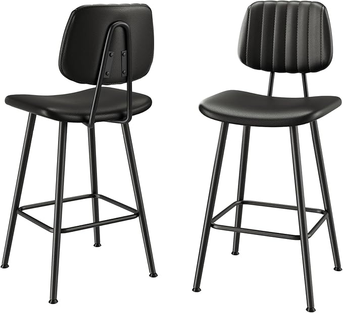 24-Inch Leather Bar Stools Set of 2, Counter Height Barstools with High Backrest,Bar Chairs for Kitchen Island with Heavy Duty Metal Legs, Black