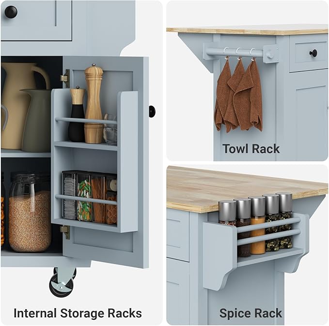 Rovibek Kitchen Island with Drawers 53 in Rolling Island Cart Mobile Portable Islands on Wheels Solid Wood Island with Storage Cabinet & Drawers, Blue