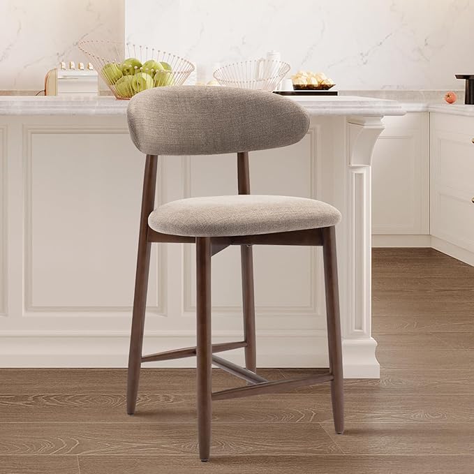COLAMY Counter Height Bar Stools Set of 2, Kitchen Bar Stools with Back, Mid Century Modern Upholstered, with Wood Legs for Kitchen Island Dining Room, Camel