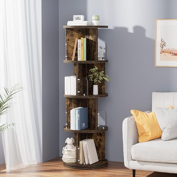 VECELO 4 Tier Revolving Bookshelf Tower, 360° Display Floor Standing Storage Rack with Acrylic Visible Window Partition for Bedroom, Living Room Home and Office, Brown