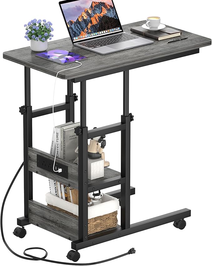 Height Adjustable End Table with Charging Station, Mobile C Shaped Laptop Side Table with Wheels, 3-Tier Sofa Couch Table with Storage Shelve for Living Room Bedroom, Grey Oak