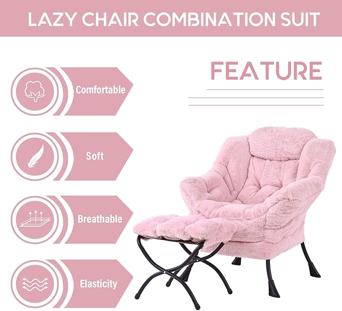 LITA Lazy Chair with Ottoman, Modern Accent Leisure Upholstered Sofa, Contemporary Lounge Reading Chair with Armrests and a Side Pocket for Living Room, Bedroom & Small Spaces, Plush Pink