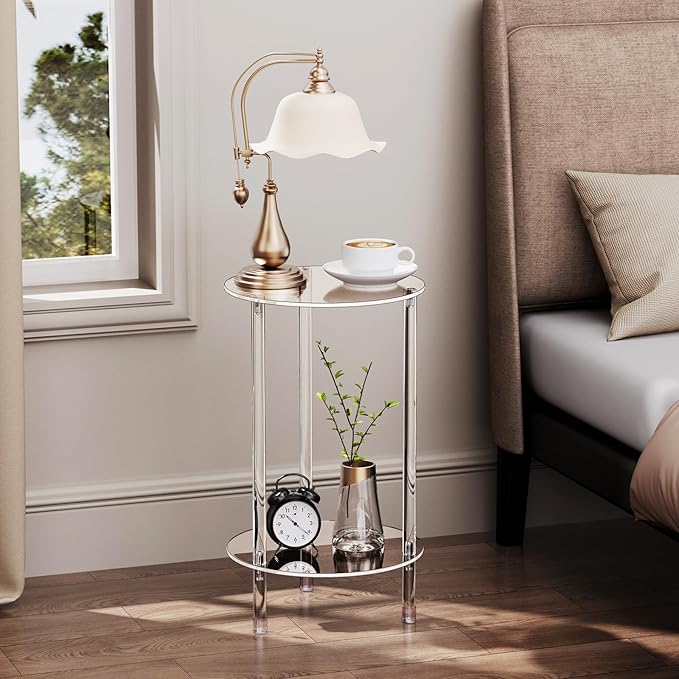 Clear Round Acrylic Side Table for Small Spaces, 11.81" L x 11.81" W x 19.82" H, 2 Tier Small Modern Drink End Table Nightstand, Minimalist Bedside Table for Living Room, Bedroom, Bathroom