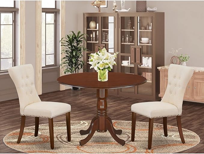 East West Furniture DLGA3-MAH-32 3 Piece Modern Dining Table Set Contains a Round Wooden Table with Dropleaf and 2 Light Beige Linen Fabric Parsons Dining Chairs, 42x42 Inch, Mahogany
