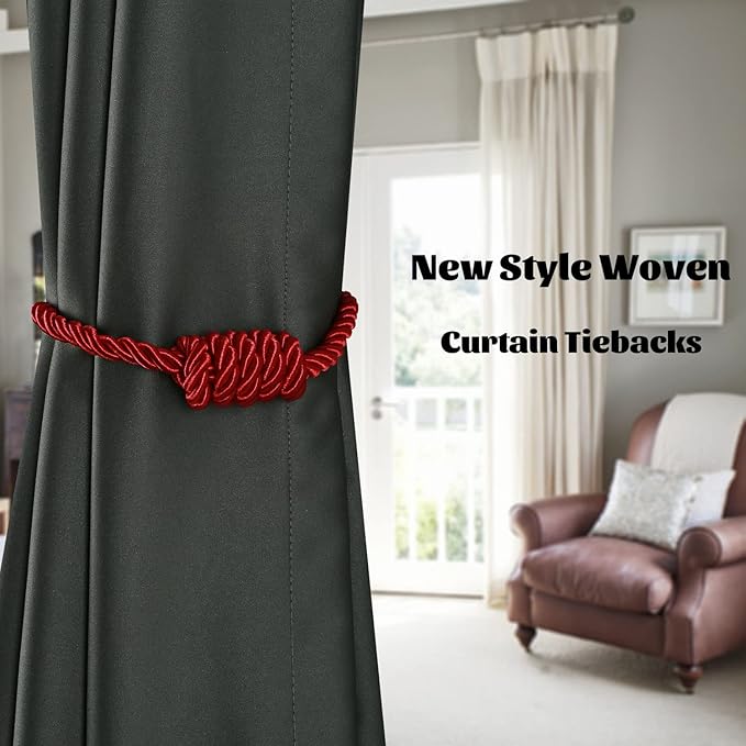 BEL AVENIR Magnetic Curtain Tiebacks, Decorative Drapery Holdbacks Modern Woven Tie-Backs with Exquisite Knot (Red, 2 Pack)