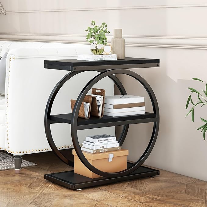 IBUYKE Narrow End Table with 3 Storage Shelves, Industrial Sofa Side Table, Double Round Metal Frames, Slim Nightstand and Bedside Table for Bedroom, Living Room, Black UTMJ418B
