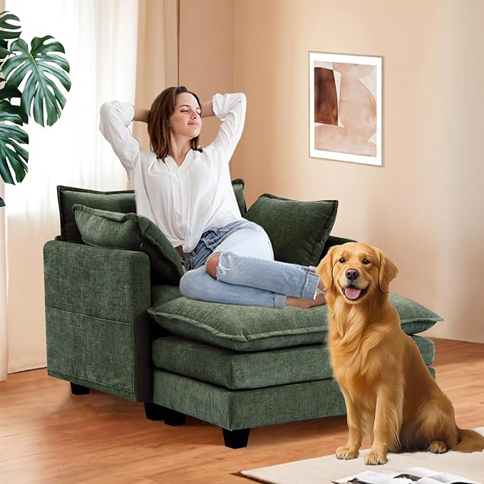 Furniliving Oversized Accent Chair with Ottoman, Luxury Chenille Single Sofa, Upholstered Deep Seat Chaise Lounge with Pillows for Living Room, Bedroom, Apartment, Green
