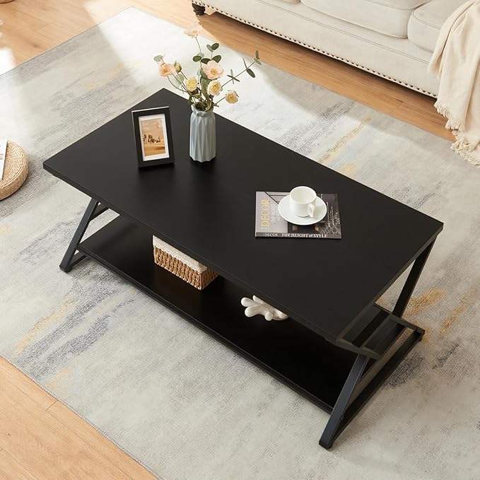 HOMISSUE Coffee Table, Rustic Rectangle Coffee Table with 2-Tier Storage, Engineered Wood Center Table with Open Shelves, Minimalist Coffee Table for Living Room, 39 Inch, Black