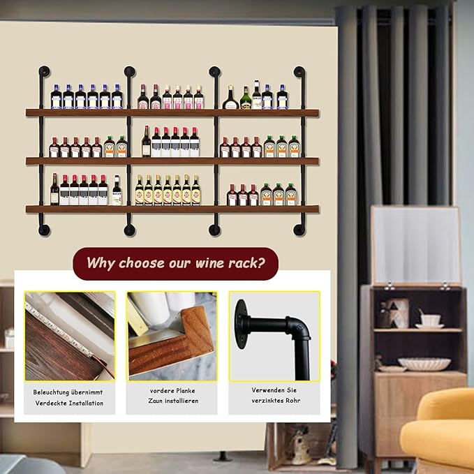 Large Wine Rack with LED Light Solid Wood Wall Mounted Wine Rack, 3-Tiers Liquor Bottles Floating Shelves Display Storage Organizer for Home Bar & Dining Room (80cm/31.4in)